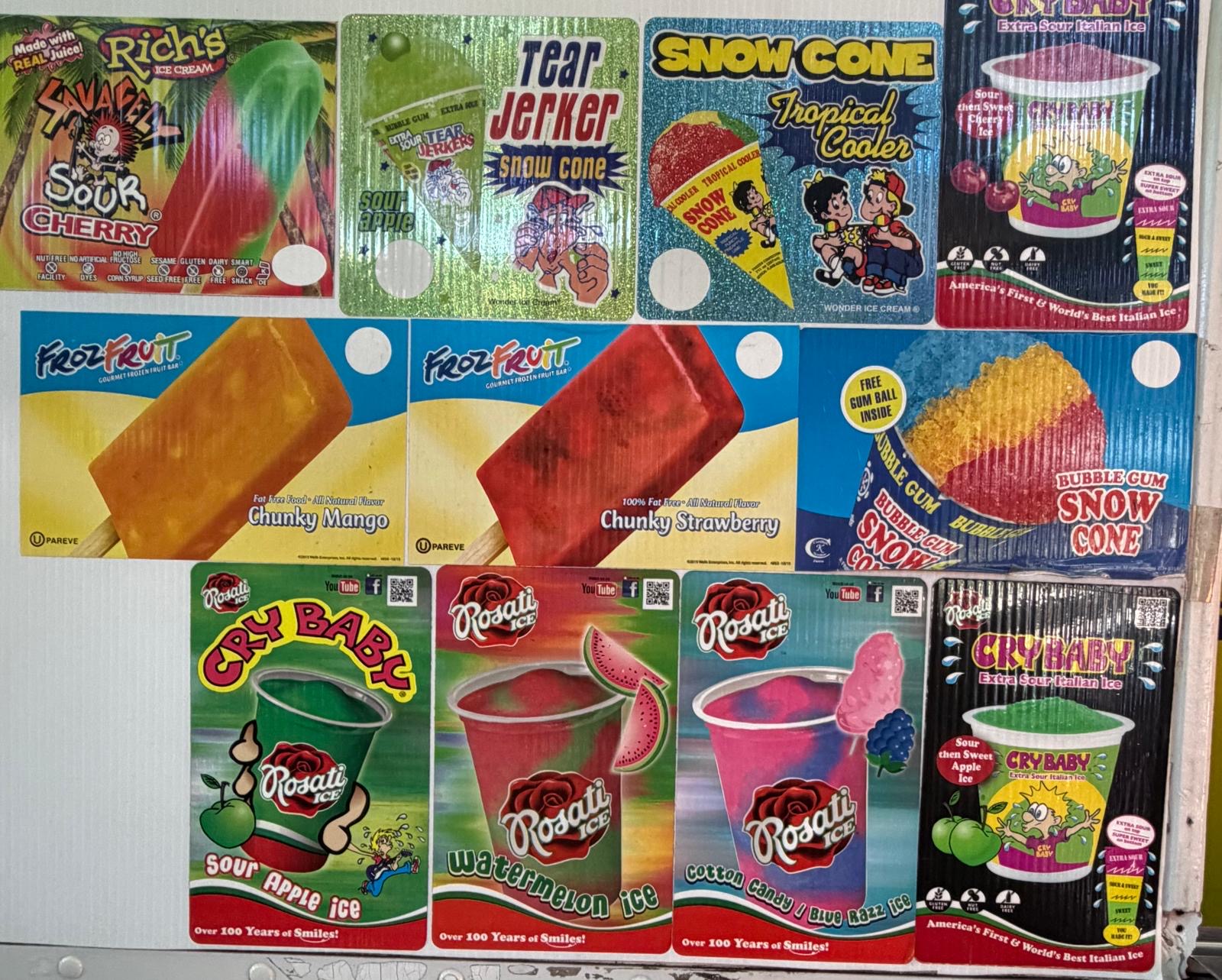 Sour novelties — Cry Baby, Tear Jerker, FrozFruit and snow cones