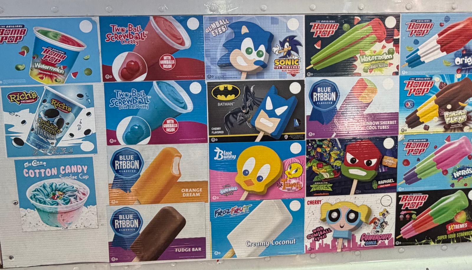 Novelty pops — Bomb Pop, Screwball, Sonic, Batman, Tweety, Powerpuff Girls