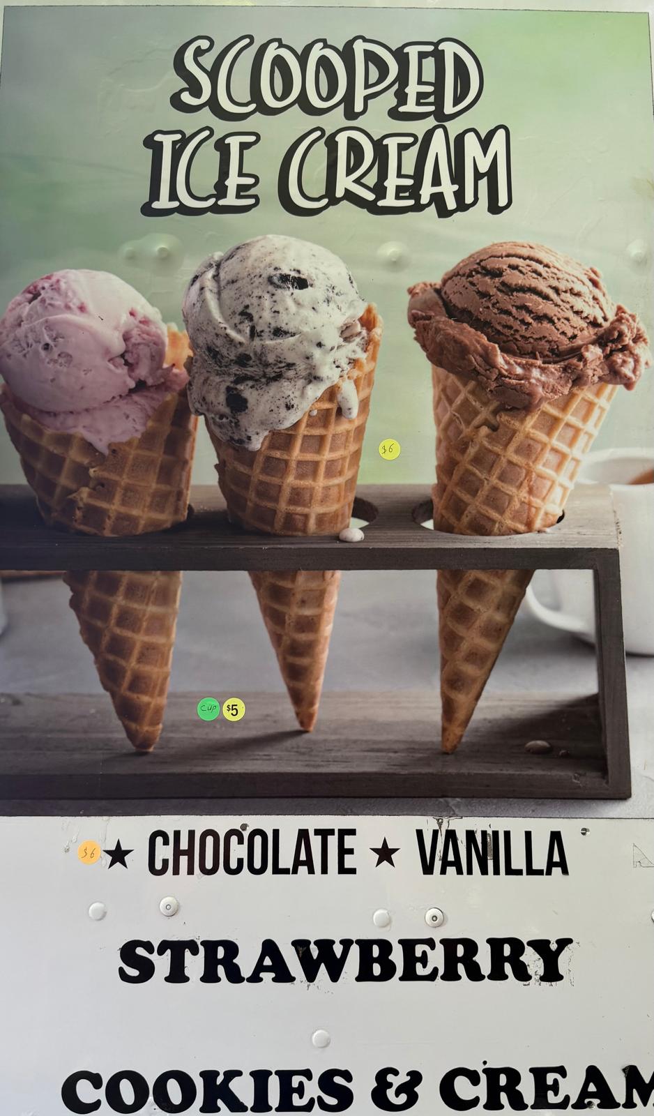 Scooped ice cream menu — chocolate, vanilla, strawberry, cookies & cream