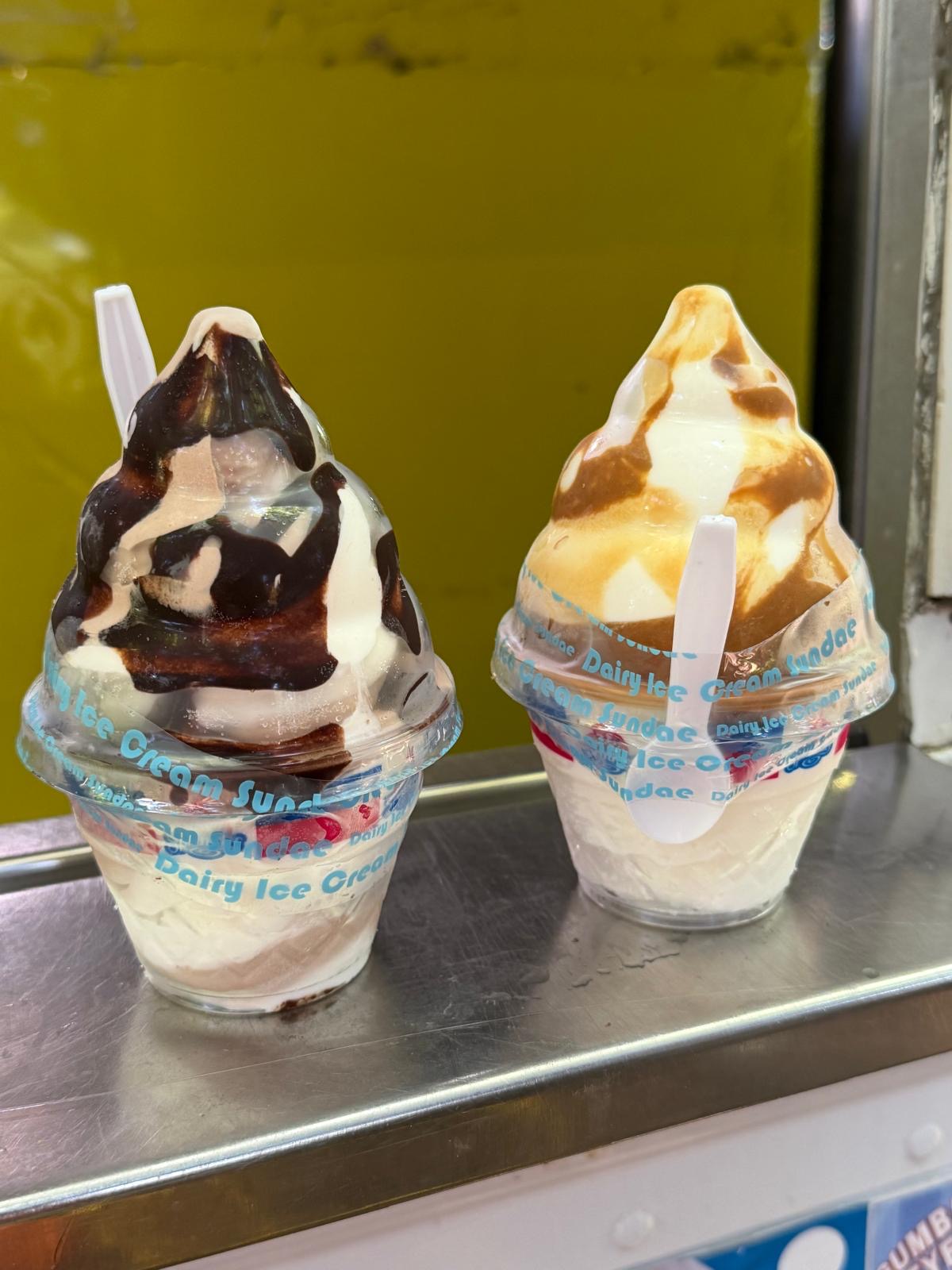 Hand-crafted dairy ice cream sundaes with hot fudge and caramel
