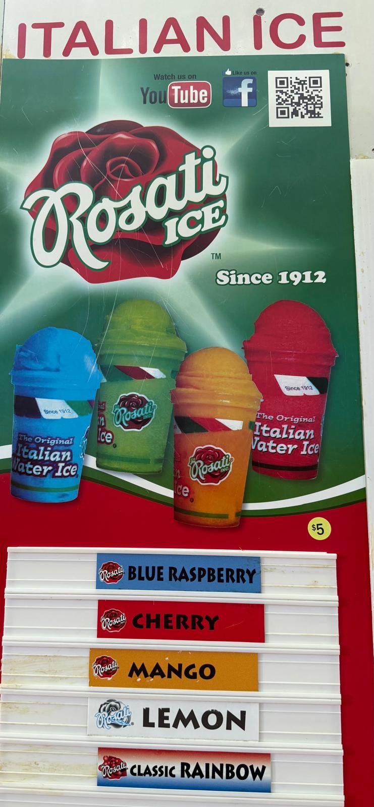 Rosati Italian Ice menu board — Since 1912